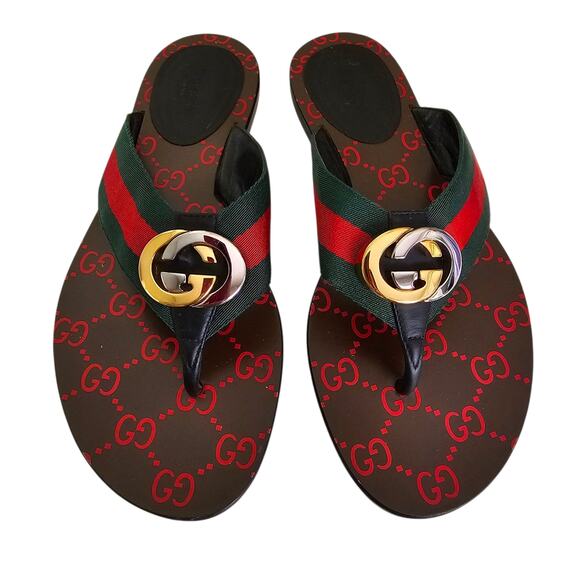 Gucci GG Kika Web Stripe Flat Thong Sandal Flip Flop Red Green Brown Size 37 US7 - Picture 2 of 8